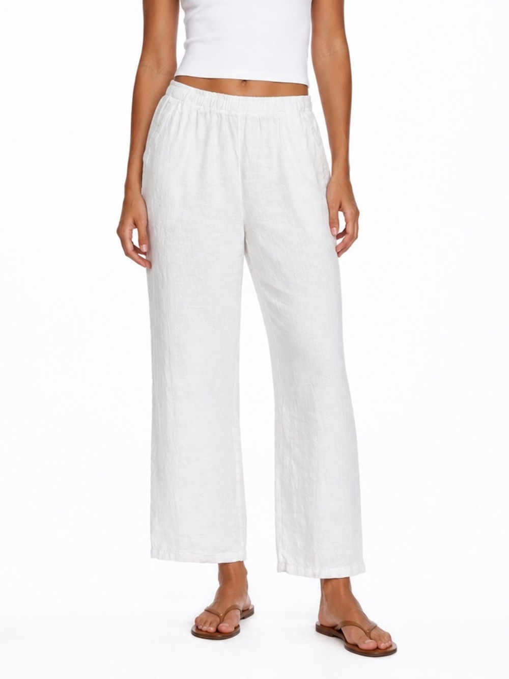Match Point Linen Pants White Wide Leg Cropped Elastic Waist Pull on Pocket XL